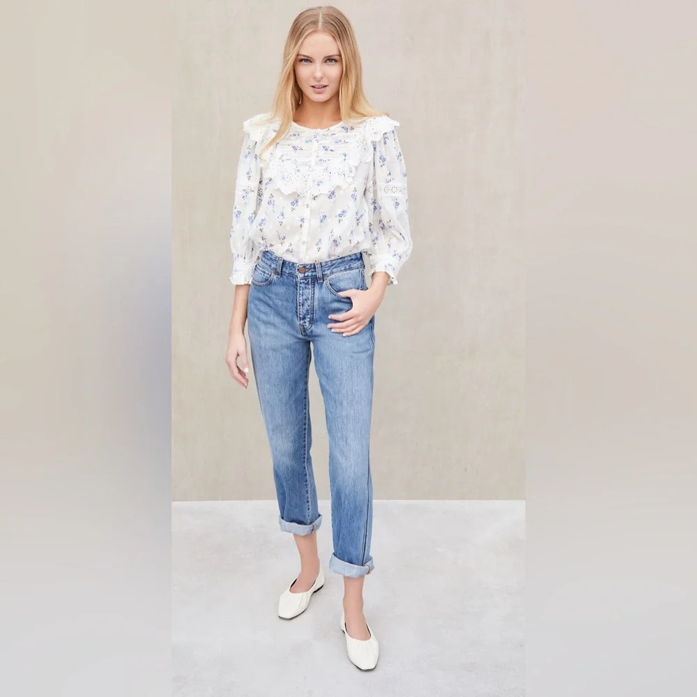 NWT LoveShackFancy Canna Lace Top Blouse- Brilliant Blue
